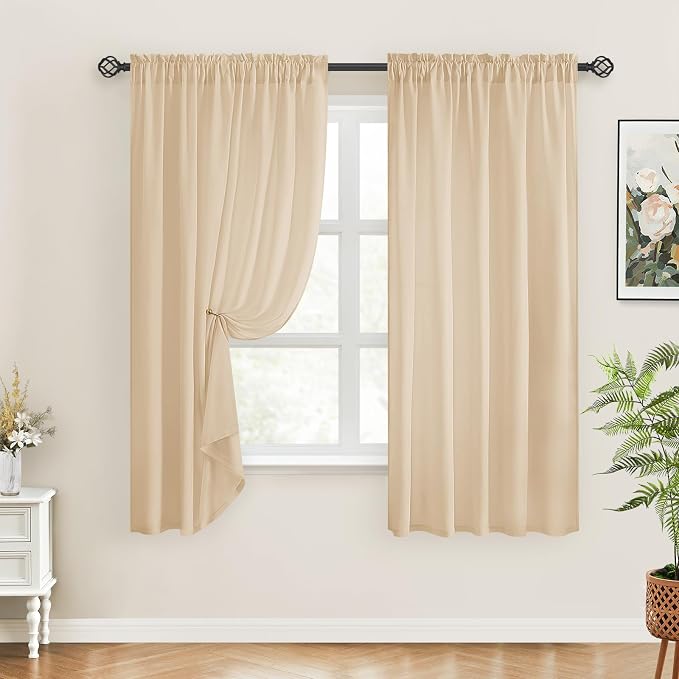 HOMEIDEAS Non-See-Through Beige Privacy Sheer Curtains, 52 X 54 Inches Long 2 - Image 2