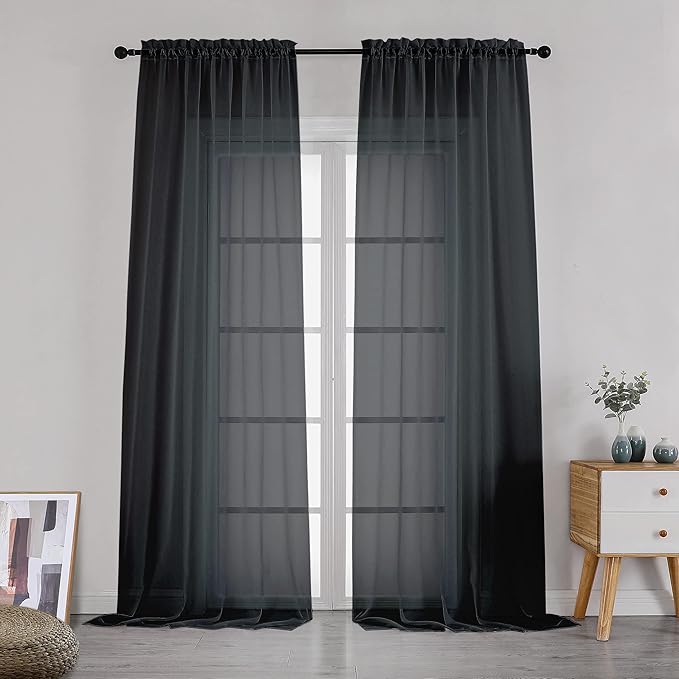 Simplebrand Black Sheer Curtains 108 Inches Long, Extra Long Rod Pocket Solid by Simplebrand