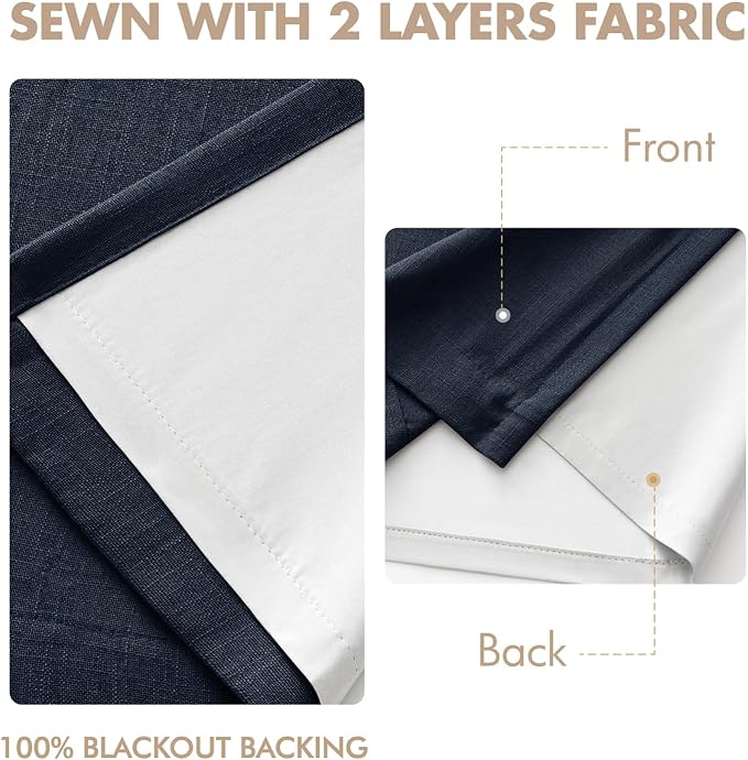 MIULEE Navy Blue Pinch Pleated 100% Blackout Linen Curtains 40x90 Inches | Room - Image 5
