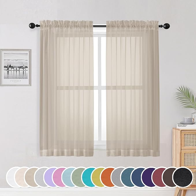 OWENIE Taupe Sheer Curtains 54 Inch Length 2 Panels Set, Rod Pocket Fimly Voile by OWENIE