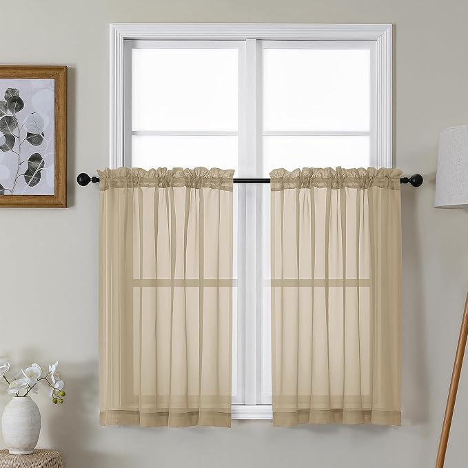 Gwine Taupe Sheer Kitchen Curtains 36 Inch Length, Light Filtering Voile Soft by Gwine