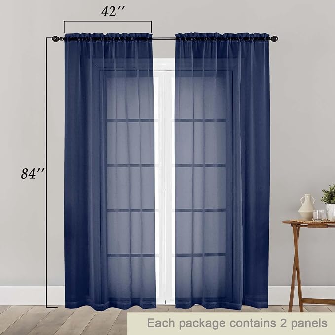 Navy Blue Sheer Curtains 84 Inches Long 2 Panels, Soft Airy Light Filtering - Image 2