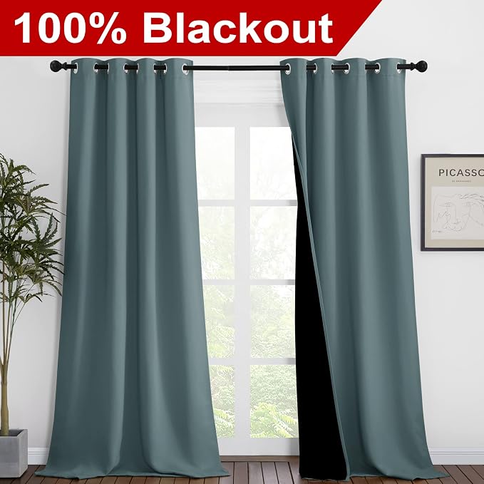NICETOWN Greyish Blue Blackout Curtains 90 inches Long, Full Light Blocking - Image 2