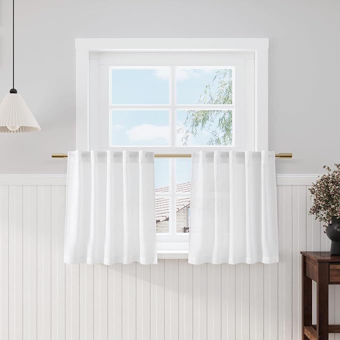 Nanspring White Linen Cafe Curtains 24 Inch Length 2 Panels Light Filtering by Nanspring