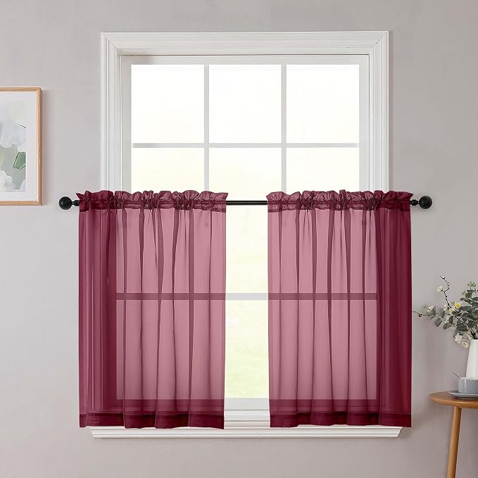 Burgundy Kitchen Curtains 30 Inch Length Tier 2 PCS, Solid Soft Airy Half by WelvetBLK