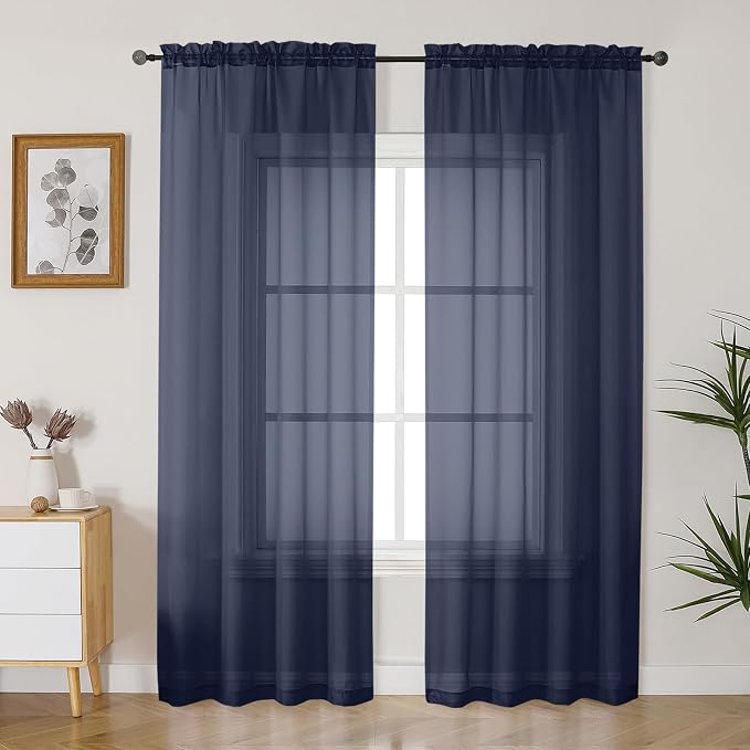 Gwine Navy Blue Sheer Curtains 84 Inches Long 2 Panels Set by Gwine