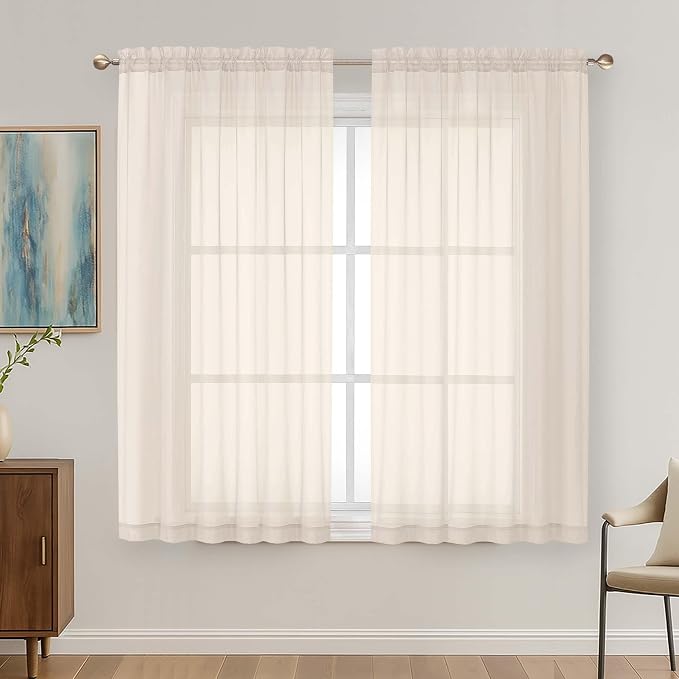 OVZME Cream Sheer Curtains 63 Inches Long 2 Panels Set, Light Filtering Sheer by OVZME