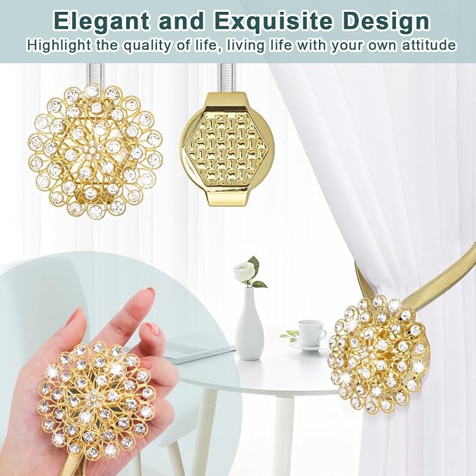 AULEEP Magnetic Curtain Tiebacks, 4 Pack Magnetic Crystal Decorative Drapes - Image 5