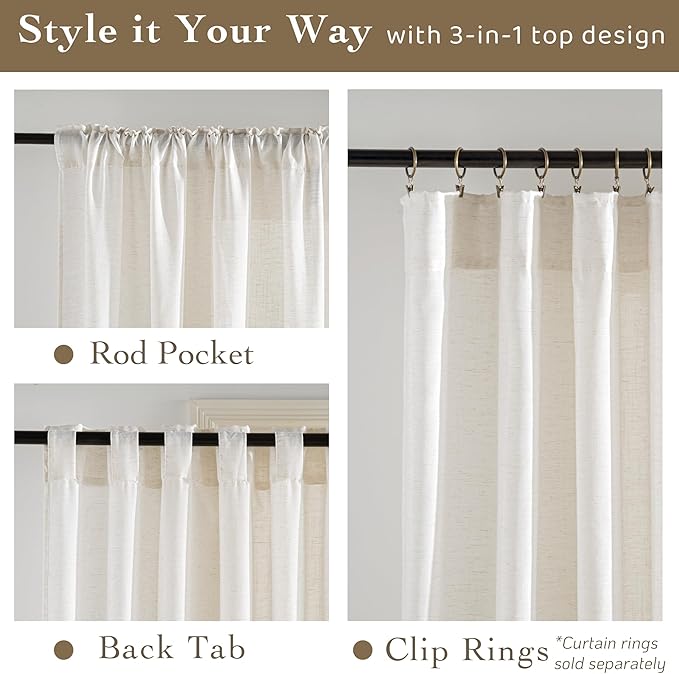 RYB HOME Linen Sheer Curtains Light & Airy Translucent Privacy Protected - Image 2