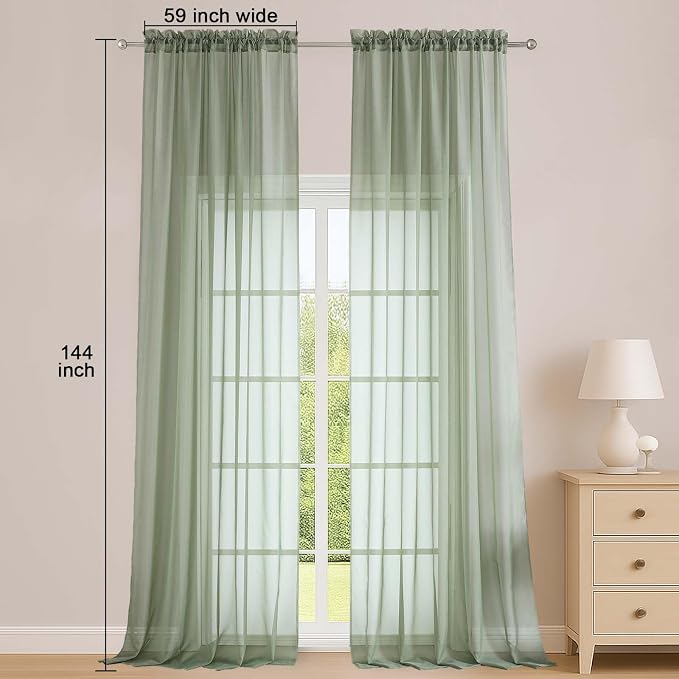 OWENIE Extra Long Sage Green Sheer Curtains 144 inch 2 Panels Set, Translucent - Image 3