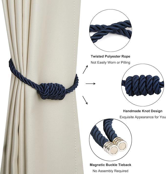 BEL AVENIR Magnetic Curtain Tiebacks, Decorative Drapery Holdbacks Modern Woven - Image 4