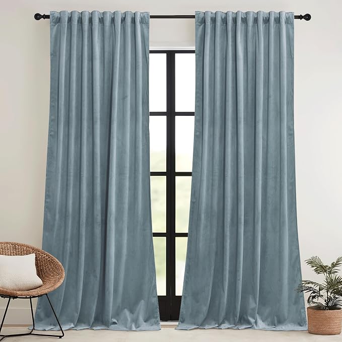 RYB HOME Stone Blue Velvet Curtains 72 inches - Image 2