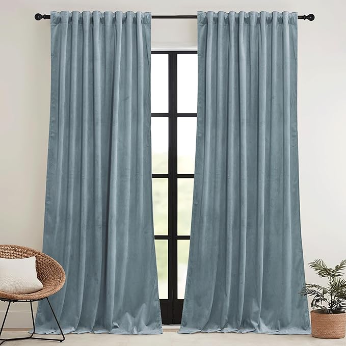 RYB HOME Stone Blue Velvet Curtains 63 inches - Image 2