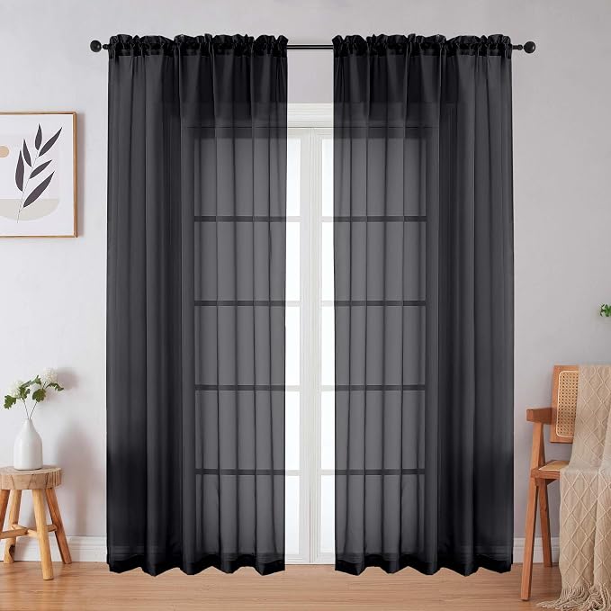 Black Sheer Curtains 84 Inches Long 2 Panels Set by WelvetBLK