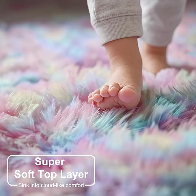 Amdrebio Rainbow Fluffy Small Round Rug 3Ft Kids Rugs - Image 4