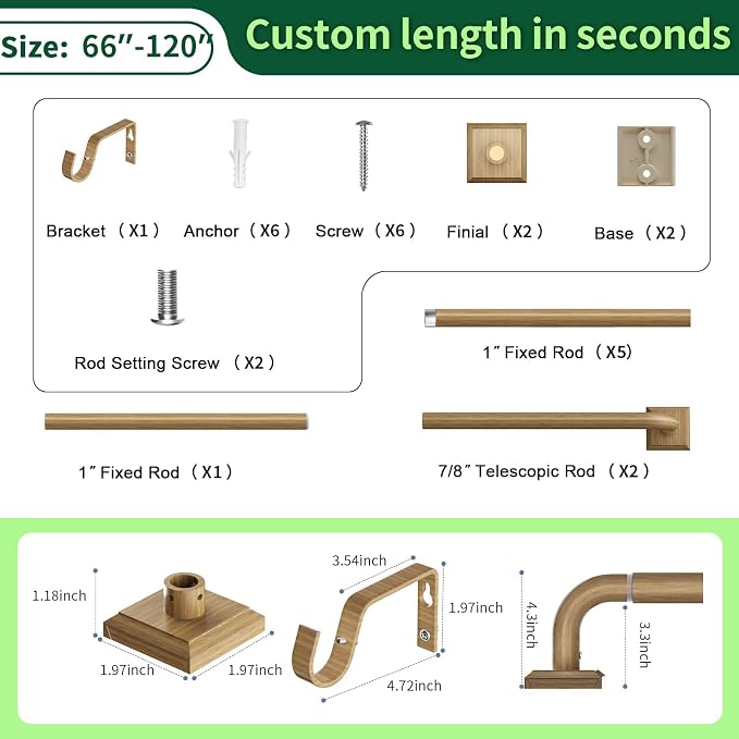 Boho Wood Grain Curtain Rods for Windows 66-120Inch Heavy Duty Wrap Around - Image 9
