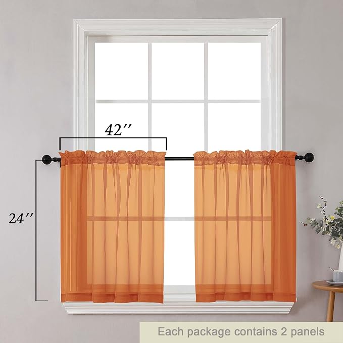 Kitchen Curtains 24 Inch Length Tier 2 Pieces, Cafe Bathroom Basement Rod - Image 2