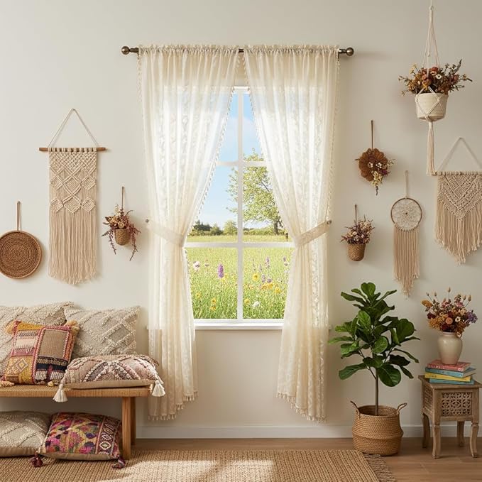 WAZZIO Boho Lace Curtains 2 Panels 72 Inches -Cute Vintage Victorian Sheer - Image 3
