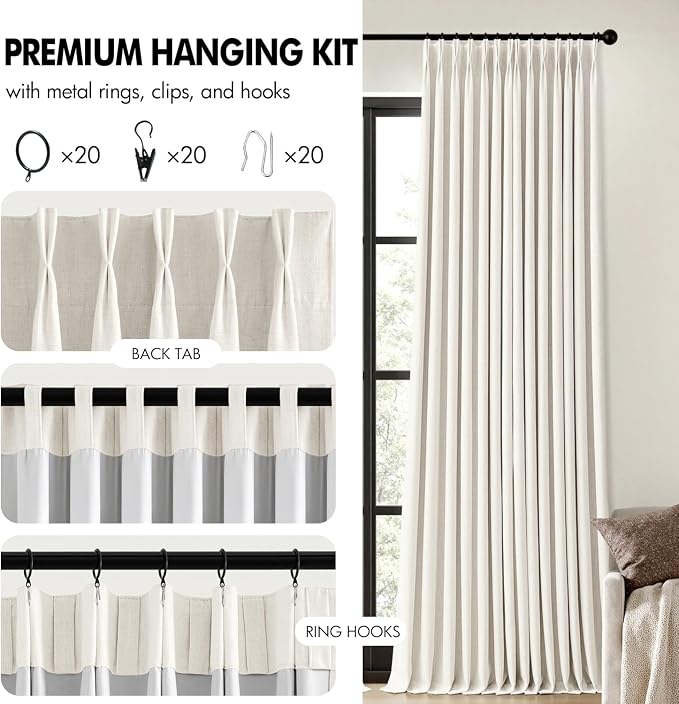 MIULEE Beige White Pinch Pleated 100% Blackout Linen Curtains 40x90 Inches | - Image 8