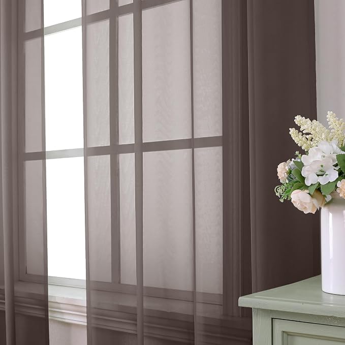 Aiyufeng Chocolate Brown Sheer Curtains 84 Inches Long 2 Panels, Solid Voile - Image 2
