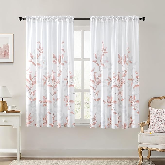 HOMEIDEAS Non-See-Through Pink and White Privacy Sheer Curtains 52 X 63 Inch by HOMEIDEAS
