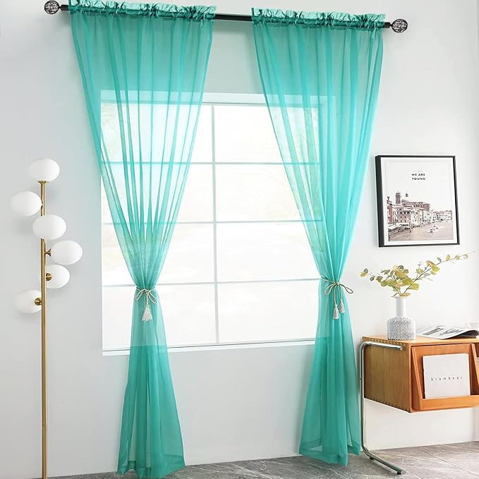 youleyar Solid Sheer Rod Pocket Curtain Voile Draperies 2 Panels White Beige - Image 2