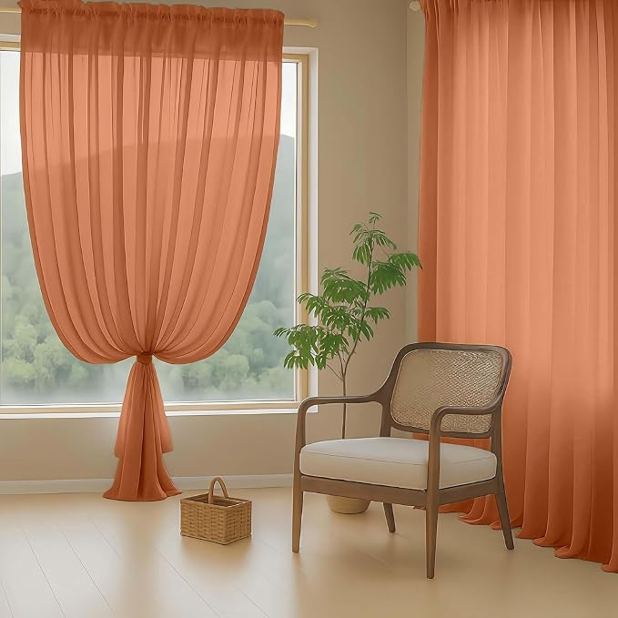 Orange Sheer Curtains for Window 96 Inches Long 2 Panels Set, Soft Airy Light - Image 8