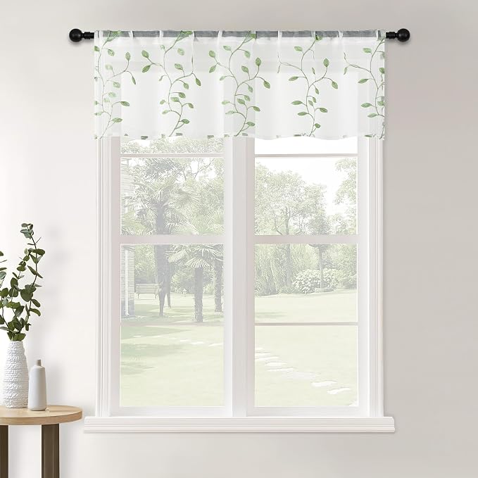 MRTREES Sheer Voile Curtain Valances, Leaves Embroidered Valance Curtains Rod by MRTREES
