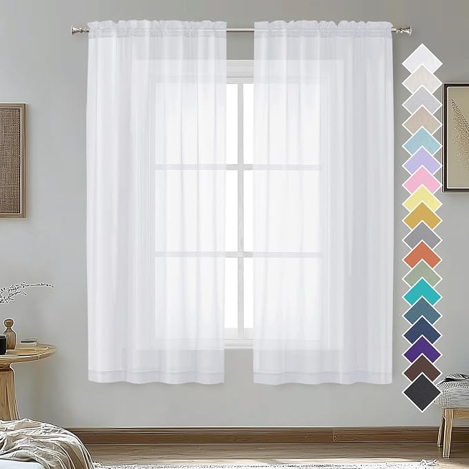 OVZME White Sheer Curtains 63 inch Length 2 Panels by OVZME