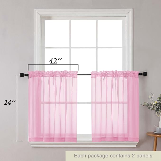 Kitchen Curtains 24 Inch Length Tier 2 Pieces, Cafe Bathroom Basement Rod - Image 2