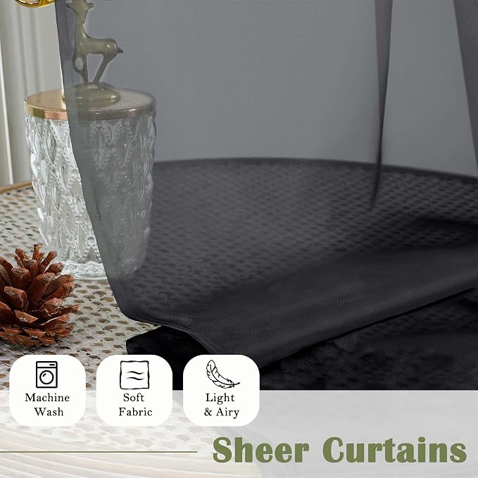 Lecloud Black Sheer Curtains 96 Inches Long 2 Panels, Solid Airy Voile Dual Rod - Image 7