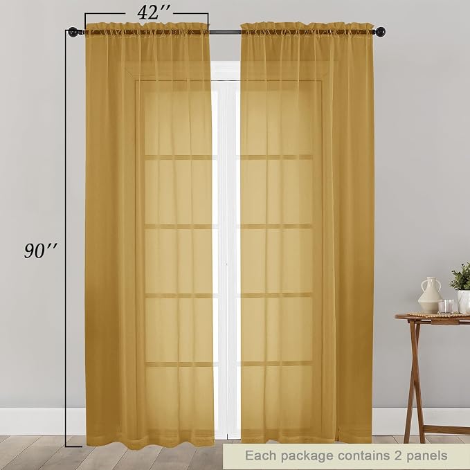 Sheer Gold Curtains for Bedroom Living Room 90 Inches Long 2 Panels Set - Image 2