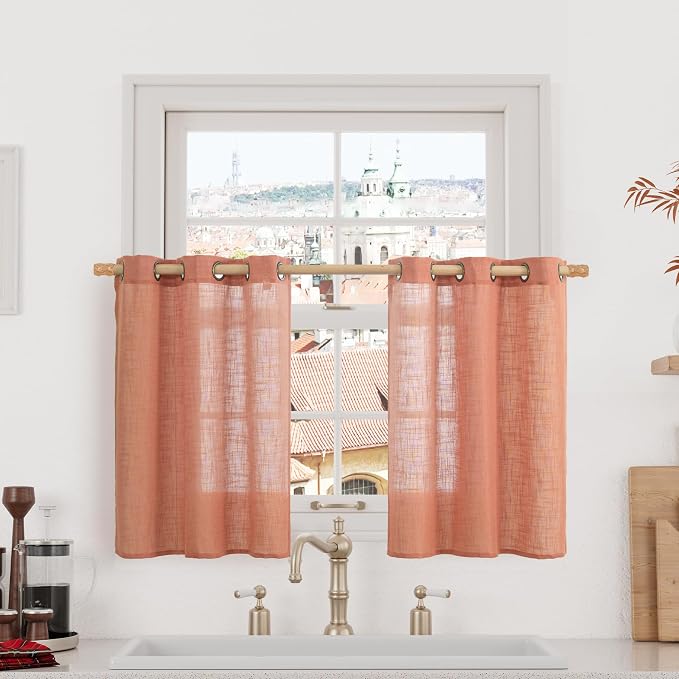 LAMIT Short Linen Window Curtains 30 Inches Long 2 Panels, Terracotta Semi by LAMIT