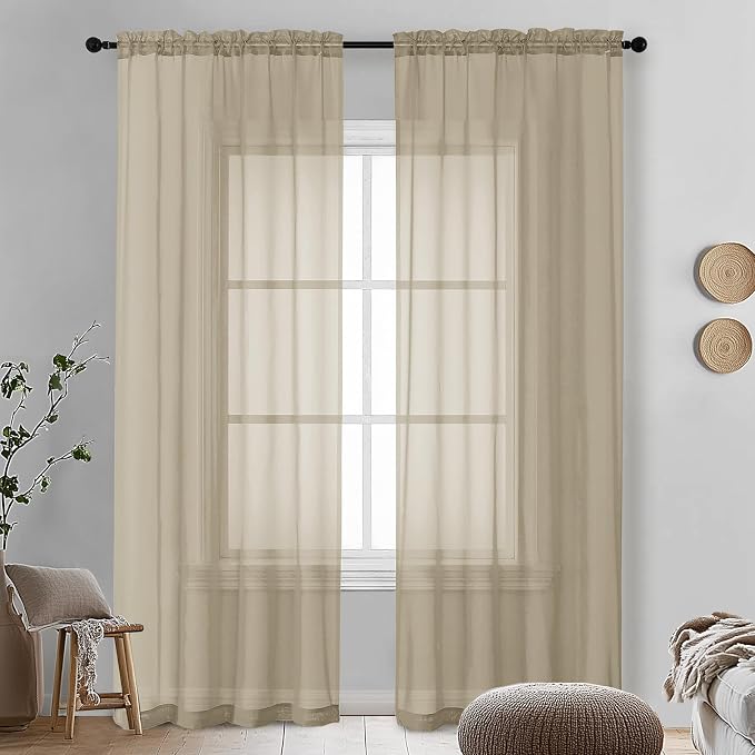 OVZME Taupe Sheer Curtains 90 Inches Long 2 Panels by OVZME
