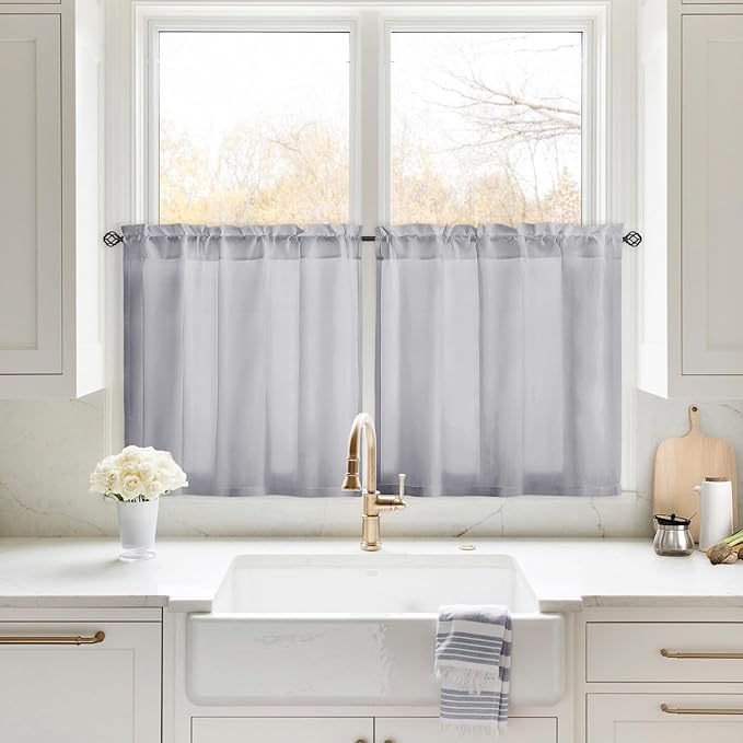 HOMEIDEAS Non-See-Through Light Grey Privacy Sheer Kitchen Curtains, 30 X 24 by HOMEIDEAS