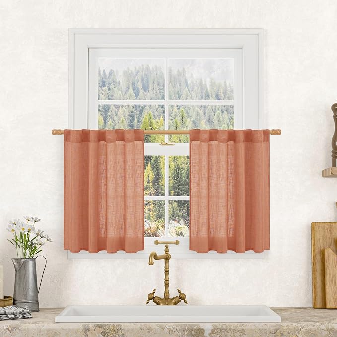 LAMIT Semi Sheer Linen Kitchen Curtains 24 Inch Length, Light Filtering Window by LAMIT