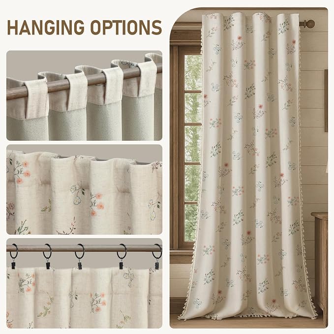 Boho Floral Spring 100% Blackout Curtains 84 Inch Length 2 Panels Set, Linen - Image 9