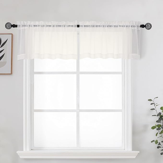 OWENIE Ivory Sheer Valance for Kitchen Windows Set of 2, Small Modern Rod by OWENIE