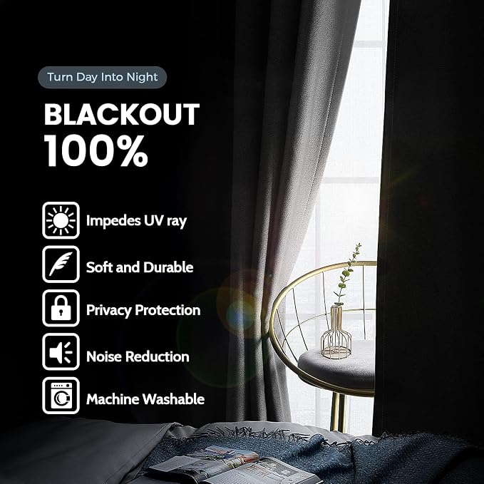 SimpleHome Grey 100% Blackout Curtains Room Darkening Living Room 90 Inch | - Image 3