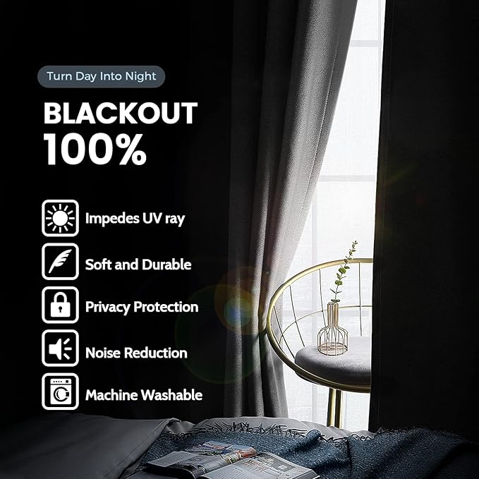 SimpleHome Grey 100% Blackout Curtains Room Darkening Living Room 63 Inch | - Image 3