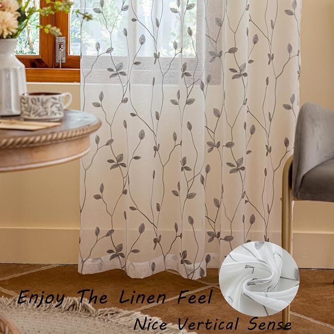 AmHoo 2 Panels Embroidered Leaf Pattern Semi Sheer Curtains Foliage Floral - Image 5