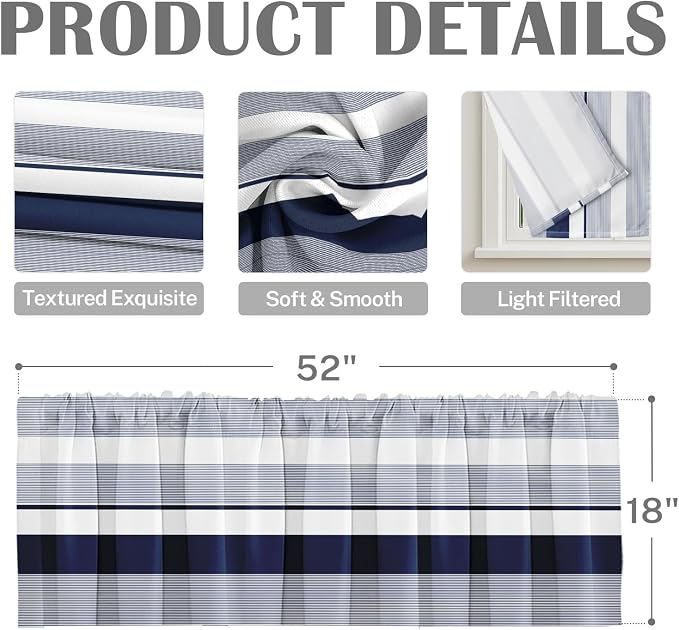 Emvency 2 Pack Valances Window Treatments, Striped Navy Nautical Minimalist - Image 3