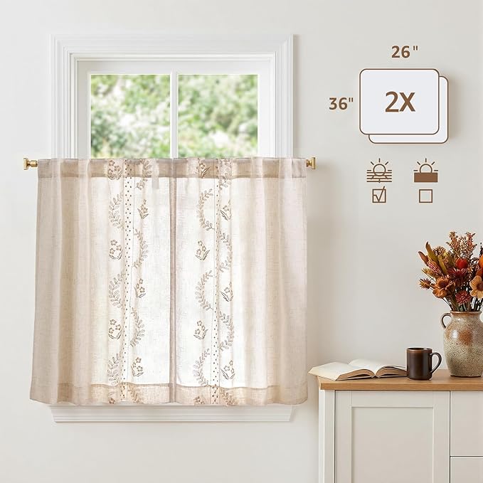 jinchan Belrose Linen Floral Kitchen Curtains 36 inch Length Embroidered - Image 5