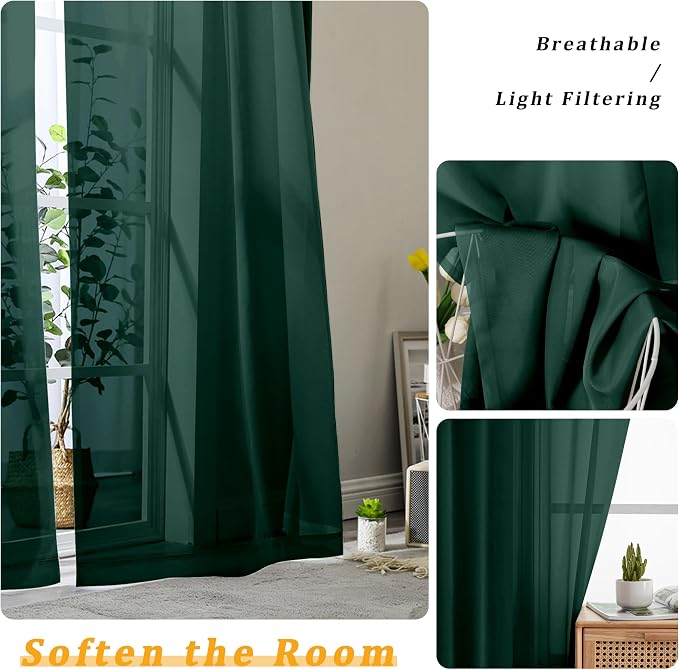 Gwine Hunter Green Sheer Curtains 96 Inches Long 2 Panels, Elegant Window - Image 3