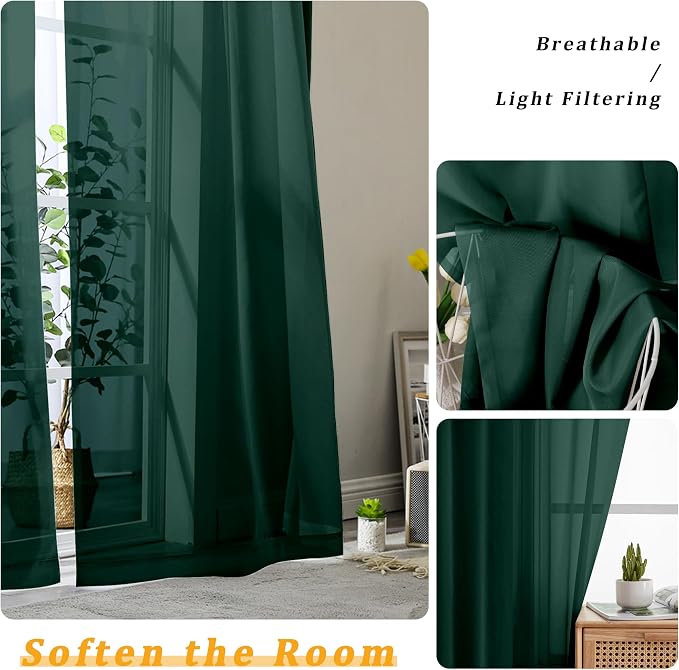 Gwine Hunter Green Sheer Curtains 84 Inches Long 2 Panels Set - Image 3