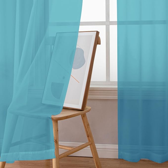 Simplebrand Turquoise Sheer Curtains 63 Inch Length 2 Panels, Rod Pocket Solid - Image 3