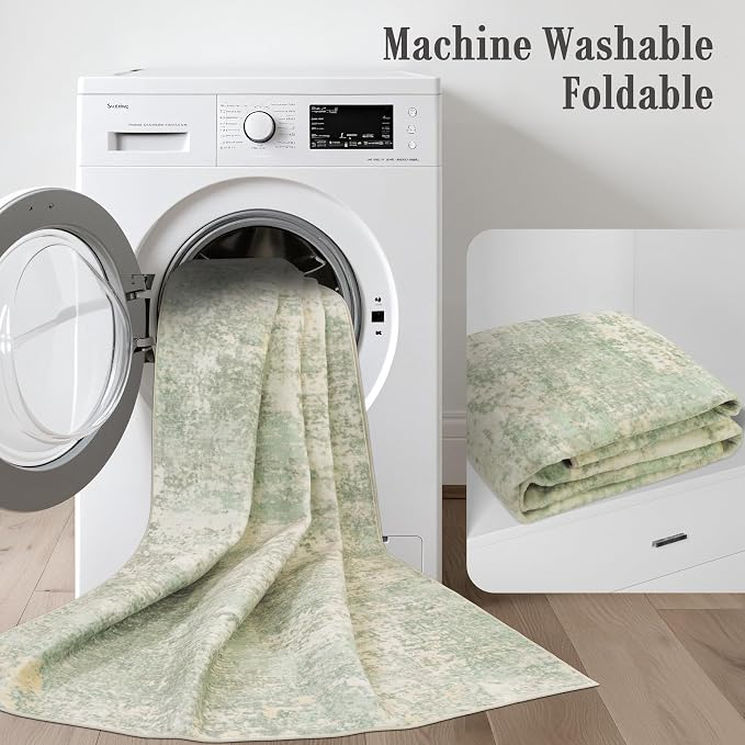 2.6x8 Washable Runner Rug：Modern Abstract Soft Carpet Green Cream | - Image 6