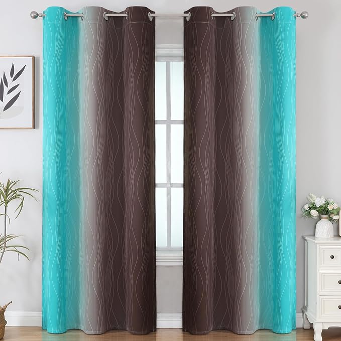 Estelar Textiler Brown and Teal Room Darkening Blackout Curtains 84 Inch Length - Image 2