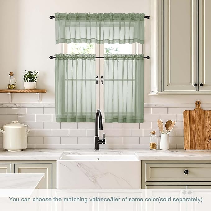 Sage Green Valances for Windows 14 inch Length 2 Panels, Small Voile Sheer - Image 2