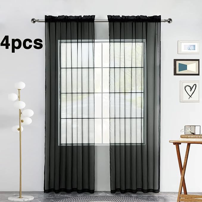 SpaceDresser Black Sheer Curtains 4 Panels Rod Pocket Semi-Sheer Curtain 96 - Image 2